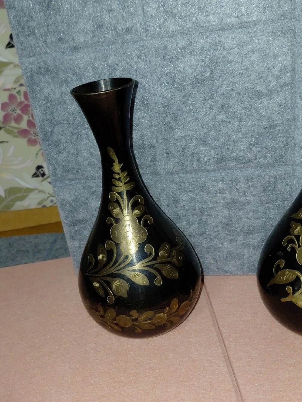 Black and Gold Floral Brass Vases - Set of 2